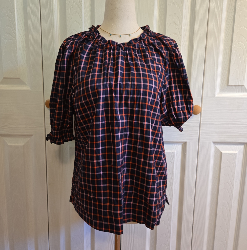 Navy and Coral Plaid Ruffle-Neck Short Sleeve Blouse